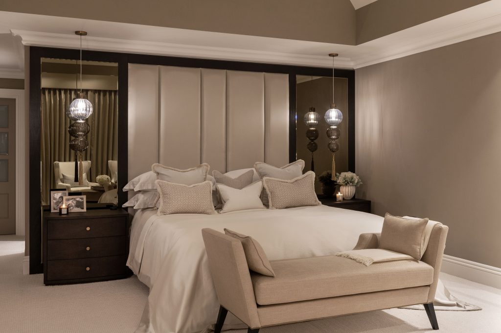 residential bedroom interior design with luxury silk fabrics and bespoke joinery London