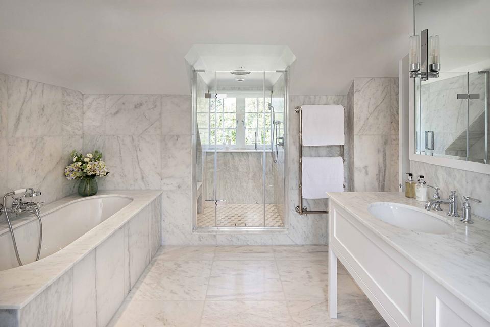 Modern Marble Bathroom With Tradiational Fixtures