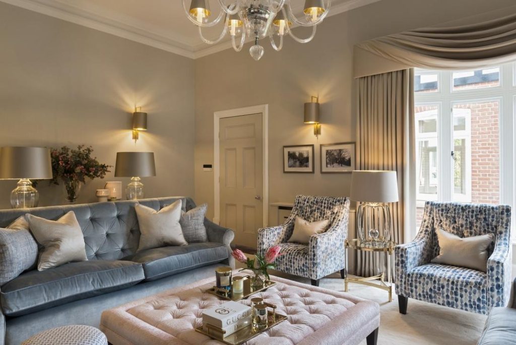 Countryside luxury design in large living room with high ceilings