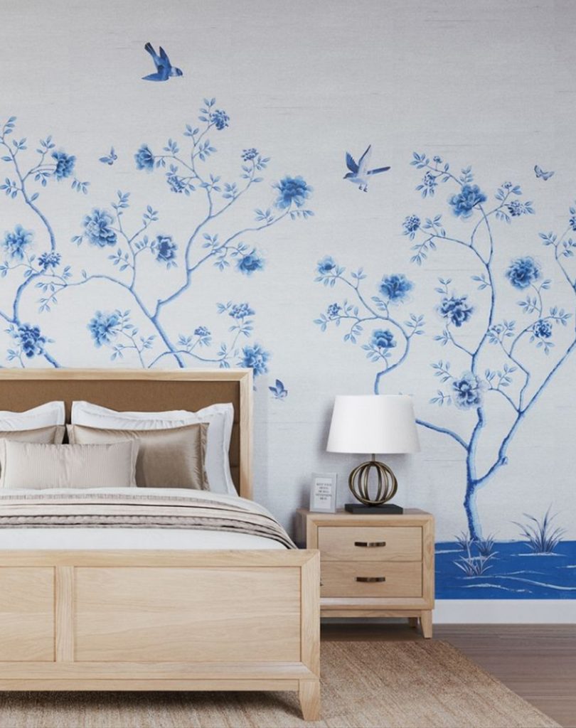 pretty bedroom wallpaper hand painted trees and birds